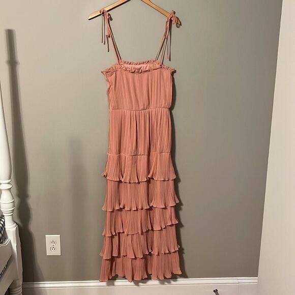 Lulus Playing Cupid Pink Pleated Tiered Ruffled Tie-Strap Maxi Dress - Picture 7 of 13